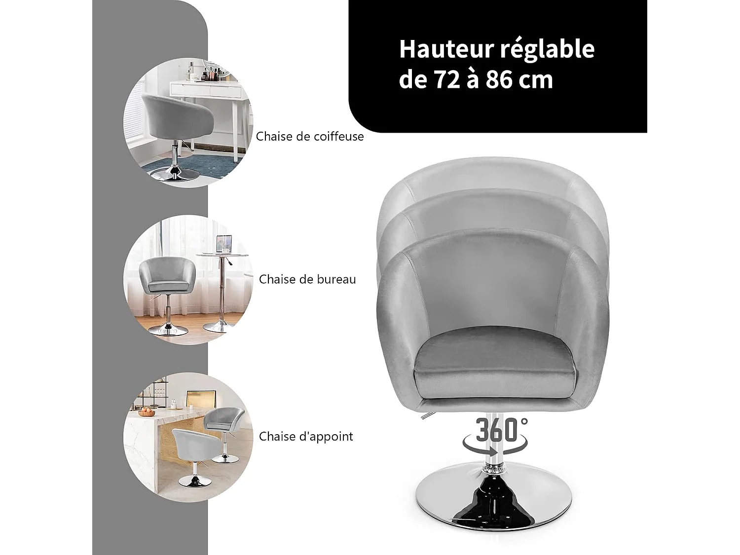 Chaise Pivotante en Velours, Fauteuil de Bureau réglable en Hauteur, Base Galvanisée Charge 125kg Gris