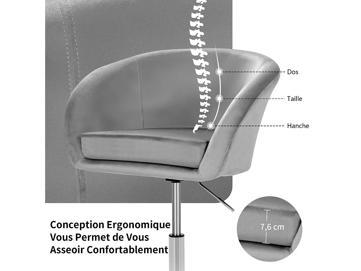 Chaise Pivotante en Velours, Fauteuil de Bureau réglable en Hauteur, Base Galvanisée Charge 125kg Gris