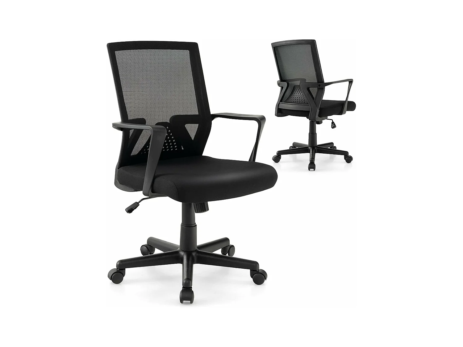 Chaise de Bureau Ergonomique, Chaise de Travail avec Soutien Lombaire et Dossier à Bascule, Pivotante en Maille avec Accoudoirs, pour Chambre, Bureau, Noir