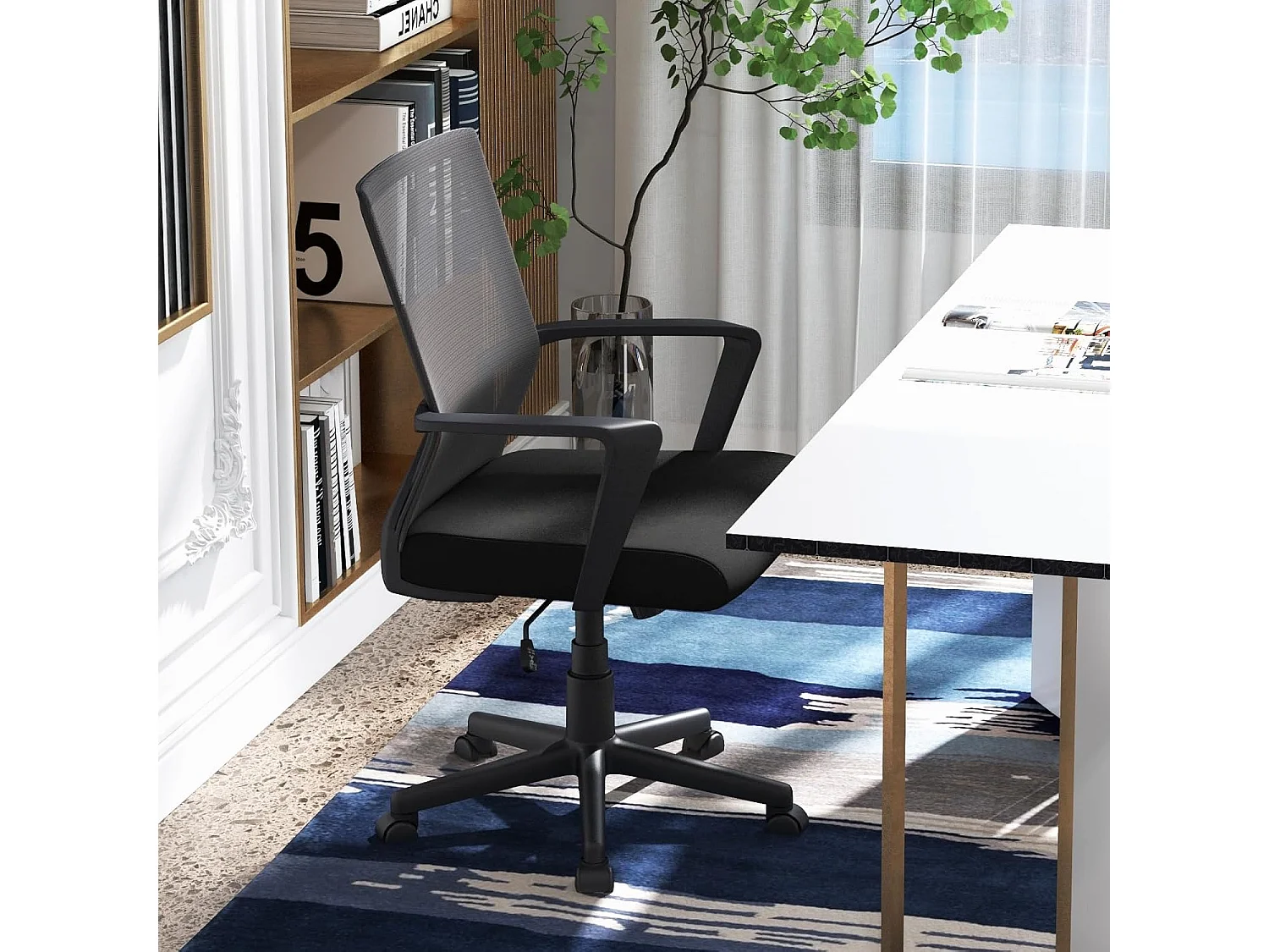 Chaise de Bureau Ergonomique, Chaise de Travail avec Soutien Lombaire et Dossier à Bascule, Pivotante en Maille avec Accoudoirs, pour Chambre, Bureau, Noir