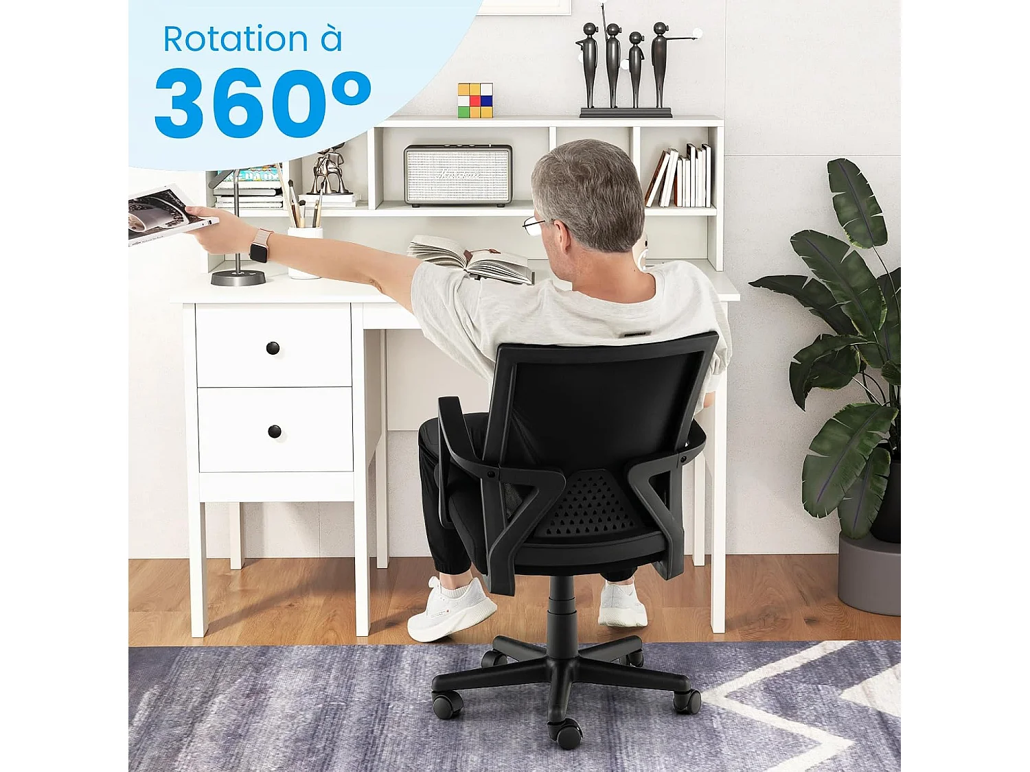 Chaise de Bureau Ergonomique, Chaise de Travail avec Soutien Lombaire et Dossier à Bascule, Pivotante en Maille avec Accoudoirs, pour Chambre, Bureau, Noir