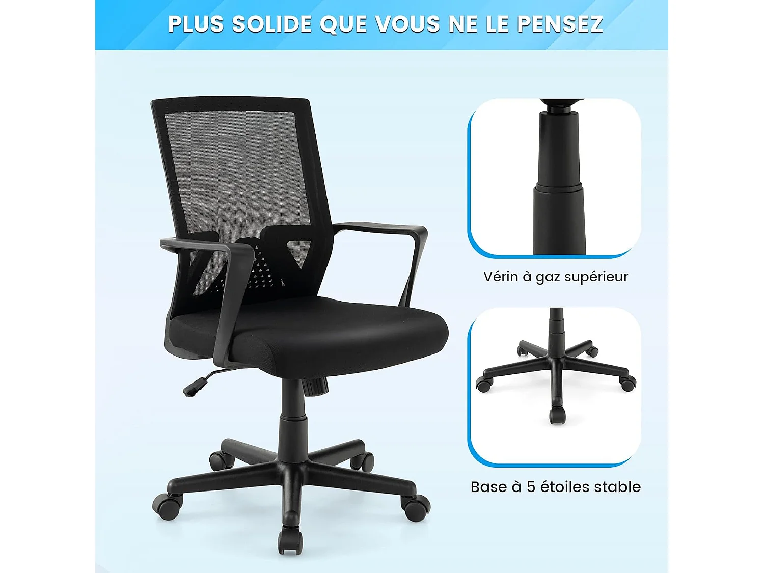 Chaise de Bureau Ergonomique, Chaise de Travail avec Soutien Lombaire et Dossier à Bascule, Pivotante en Maille avec Accoudoirs, pour Chambre, Bureau, Noir