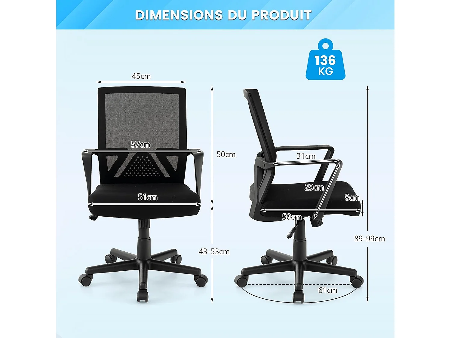 Chaise de Bureau Ergonomique, Chaise de Travail avec Soutien Lombaire et Dossier à Bascule, Pivotante en Maille avec Accoudoirs, pour Chambre, Bureau, Noir