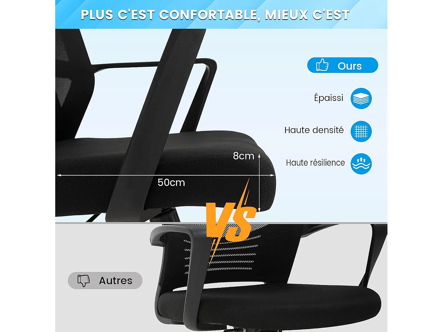 Chaise de Bureau Ergonomique, Chaise de Travail avec Soutien Lombaire et Dossier à Bascule, Pivotante en Maille avec Accoudoirs, pour Chambre, Bureau, Noir