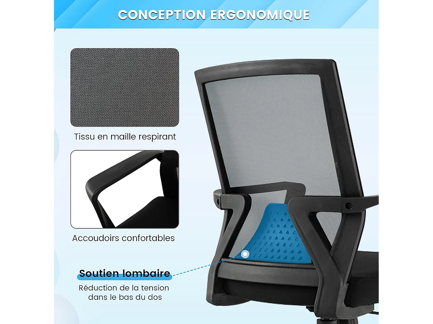 Chaise de Bureau Ergonomique, Chaise de Travail avec Soutien Lombaire et Dossier à Bascule, Pivotante en Maille avec Accoudoirs, pour Chambre, Bureau, Noir