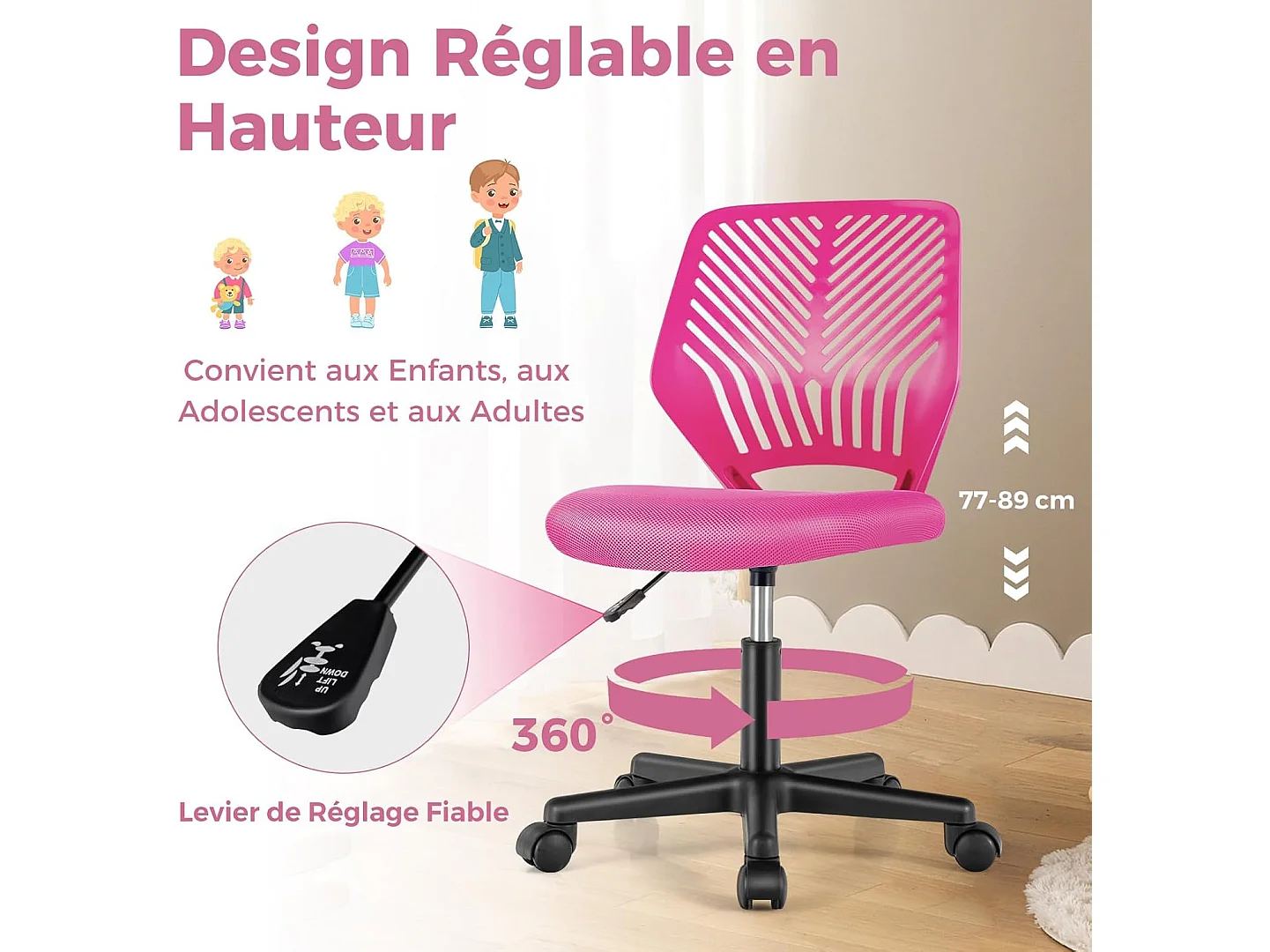 Chaise de Bureau Pivotante Enfants avec Hauteur Réglable 77-89cm, Siège à roulettes avec Dossier Ergonomique & Base à 5 Étoiles, Charge 150kg pour Enfant Adolescent Adulte (Rose)