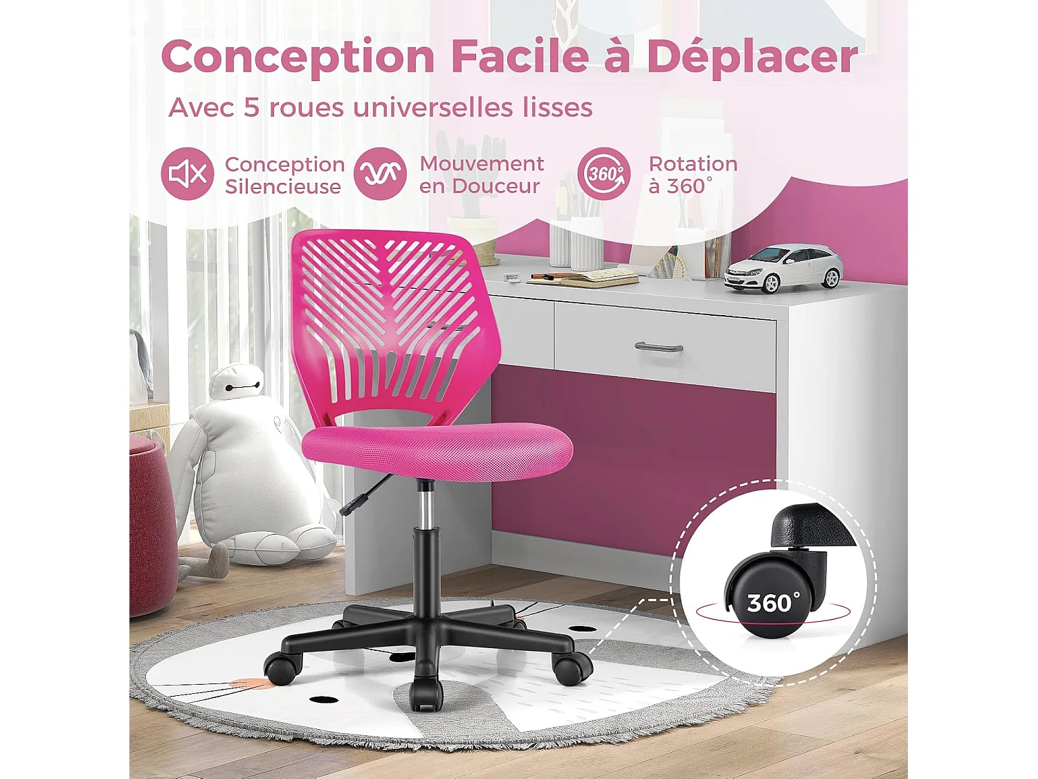Chaise de Bureau Pivotante Enfants avec Hauteur Réglable 77-89cm, Siège à roulettes avec Dossier Ergonomique & Base à 5 Étoiles, Charge 150kg pour Enfant Adolescent Adulte (Rose)