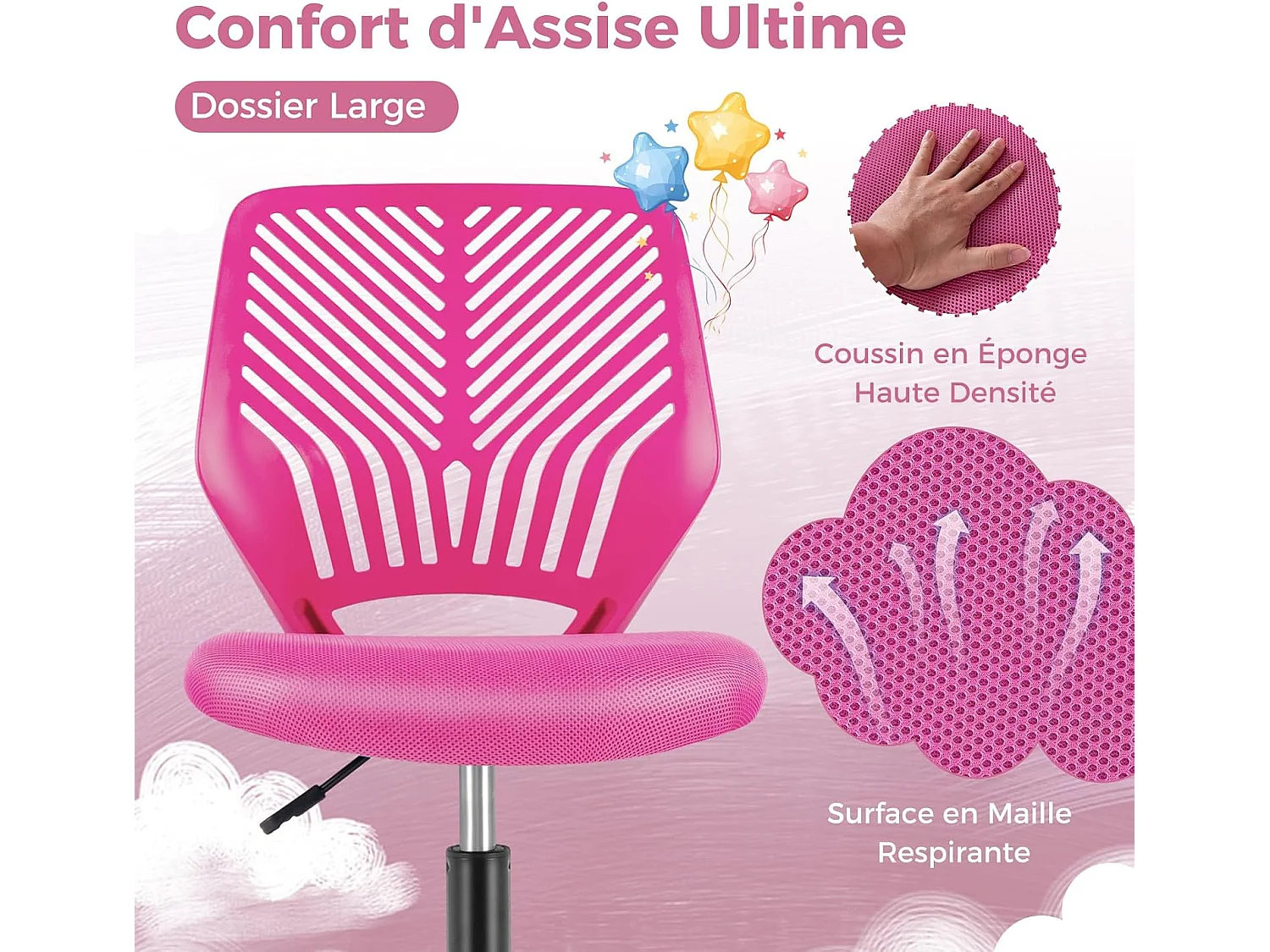 Chaise de Bureau Pivotante Enfants avec Hauteur Réglable 77-89cm, Siège à roulettes avec Dossier Ergonomique & Base à 5 Étoiles, Charge 150kg pour Enfant Adolescent Adulte (Rose)