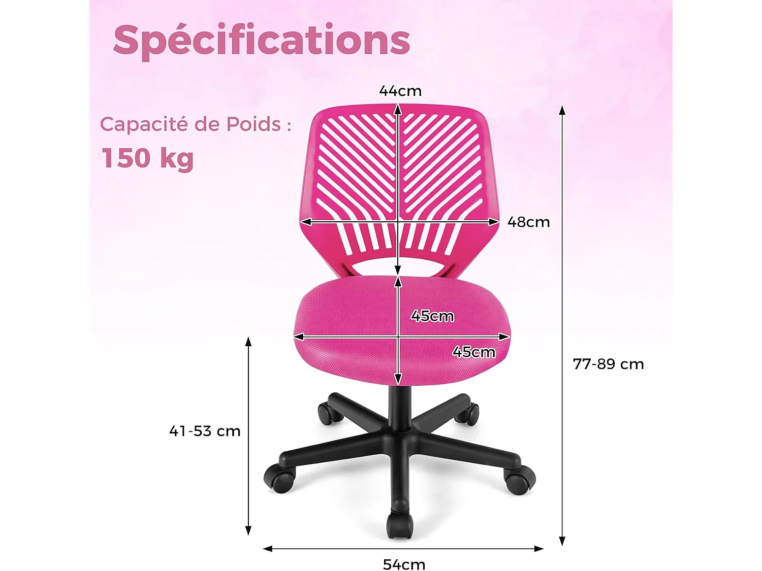 Chaise de Bureau Pivotante Enfants avec Hauteur Réglable 77-89cm, Siège à roulettes avec Dossier Ergonomique & Base à 5 Étoiles, Charge 150kg pour Enfant Adolescent Adulte (Rose)
