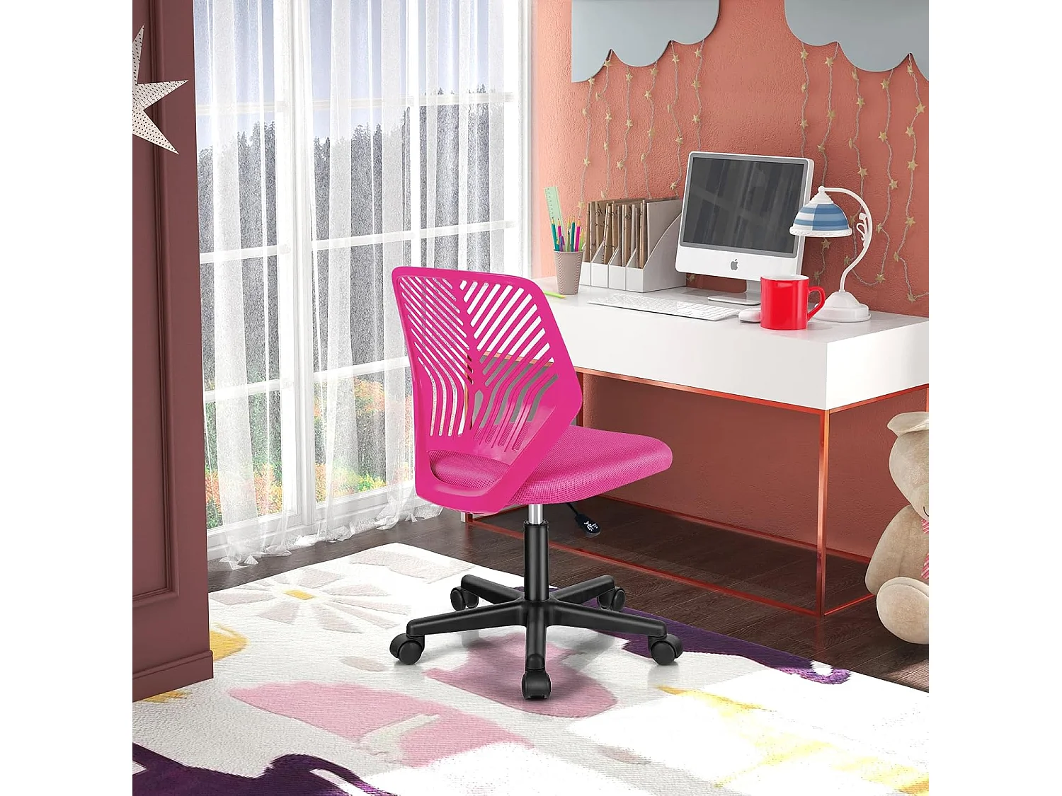 Chaise de Bureau Pivotante Enfants avec Hauteur Réglable 77-89cm, Siège à roulettes avec Dossier Ergonomique & Base à 5 Étoiles, Charge 150kg pour Enfant Adolescent Adulte (Rose)