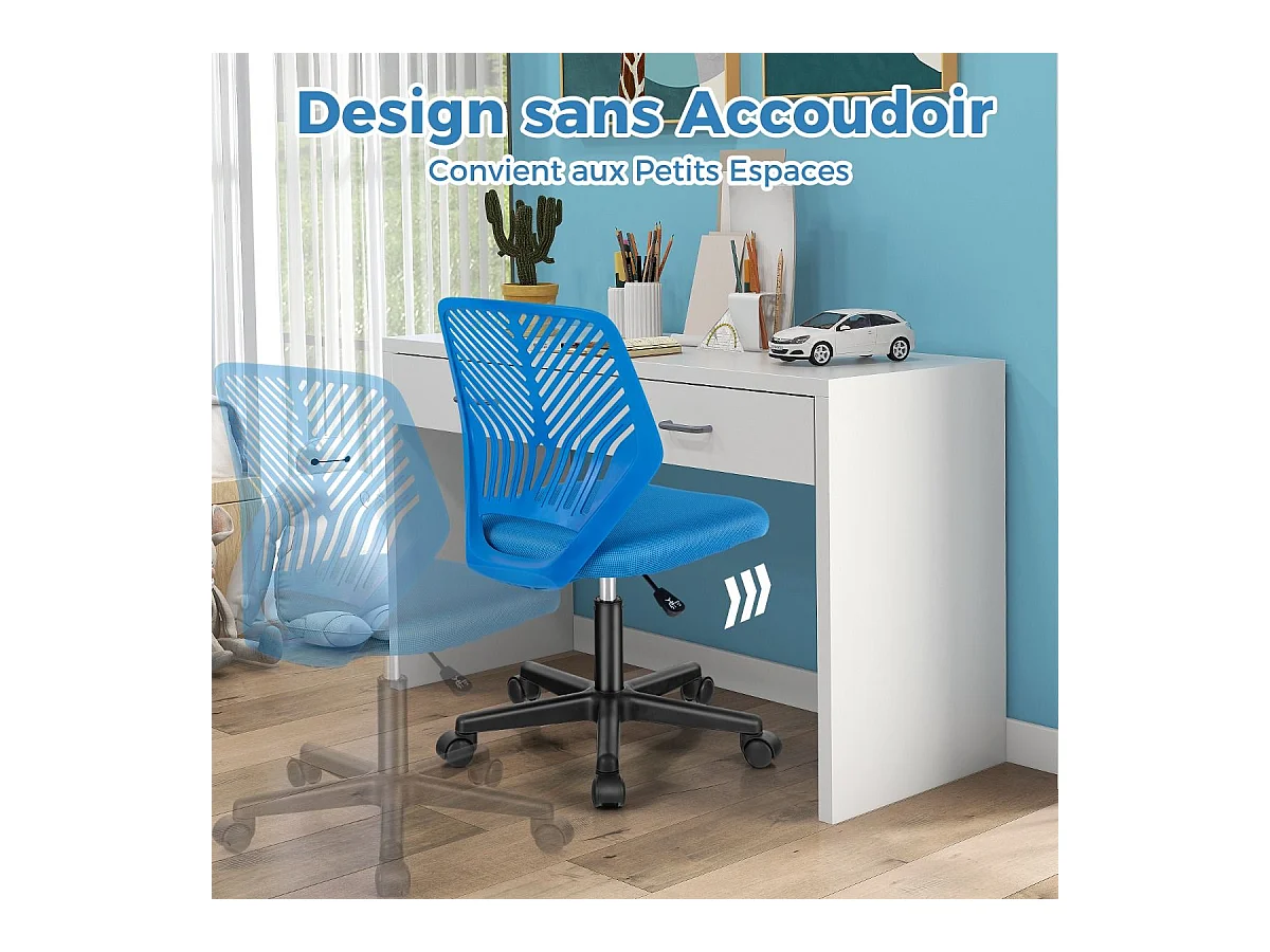 Chaise de Bureau Pivotante Enfants avec Hauteur Réglable 77-89cm, Siège à roulettes avec Dossier Ergonomique & Base à 5 Étoiles, Charge 150kg (Bleu)