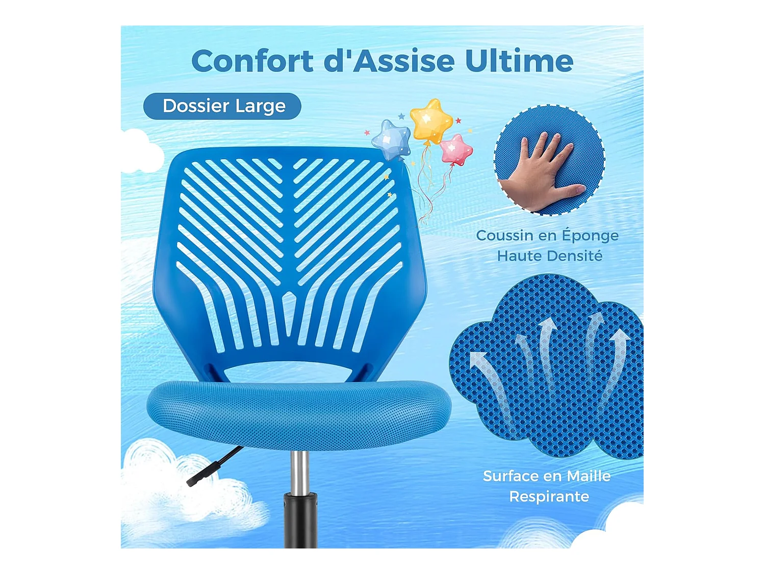 Chaise de Bureau Pivotante Enfants avec Hauteur Réglable 77-89cm, Siège à roulettes avec Dossier Ergonomique & Base à 5 Étoiles, Charge 150kg (Bleu)