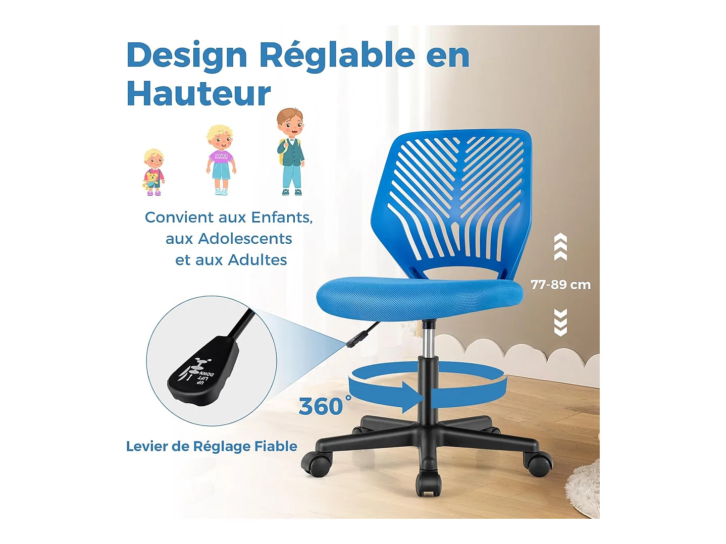 Chaise de Bureau Pivotante Enfants avec Hauteur Réglable 77-89cm, Siège à roulettes avec Dossier Ergonomique & Base à 5 Étoiles, Charge 150kg (Bleu)