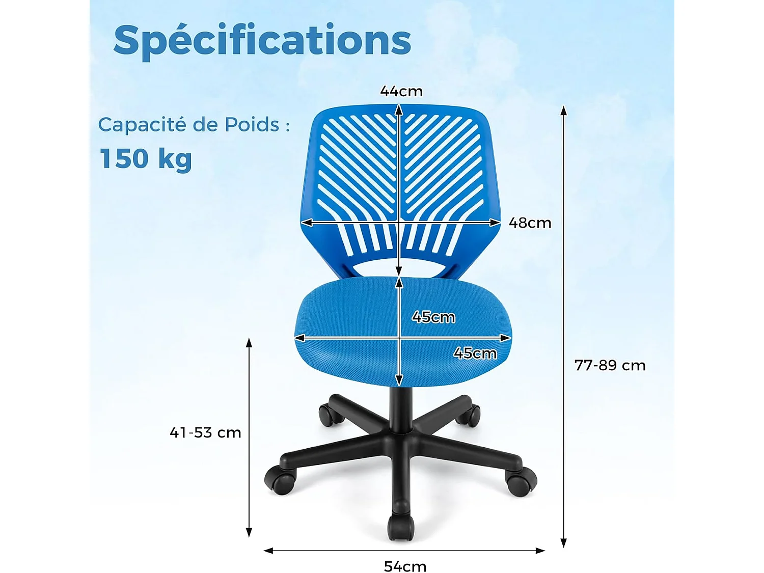 Chaise de Bureau Pivotante Enfants avec Hauteur Réglable 77-89cm, Siège à roulettes avec Dossier Ergonomique & Base à 5 Étoiles, Charge 150kg (Bleu)