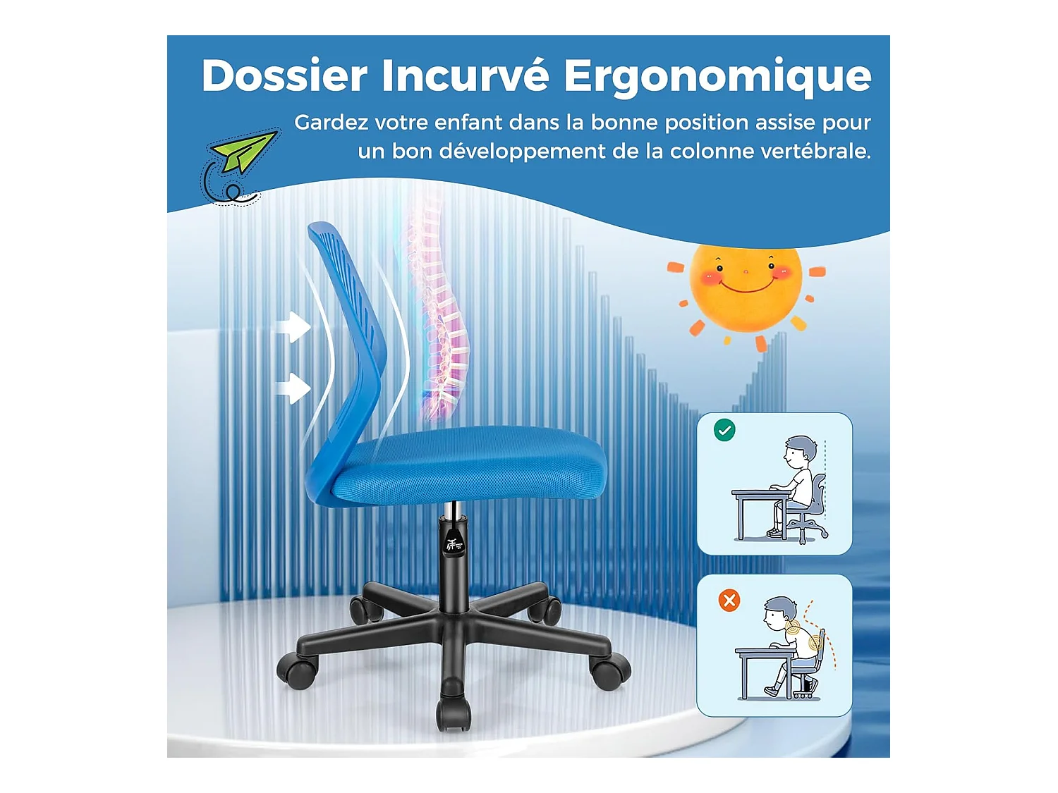 Chaise de Bureau Pivotante Enfants avec Hauteur Réglable 77-89cm, Siège à roulettes avec Dossier Ergonomique & Base à 5 Étoiles, Charge 150kg (Bleu)