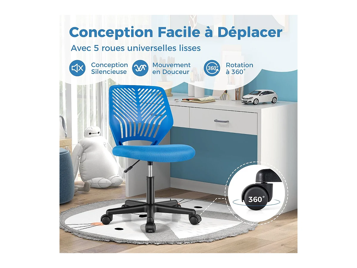 Chaise de Bureau Pivotante Enfants avec Hauteur Réglable 77-89cm, Siège à roulettes avec Dossier Ergonomique & Base à 5 Étoiles, Charge 150kg (Bleu)
