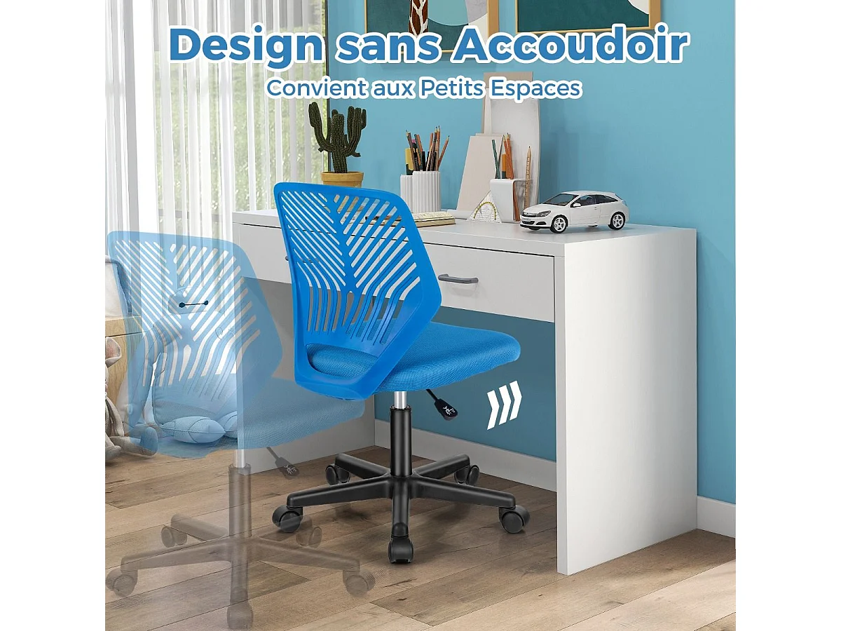 Chaise de Bureau Pivotante Enfants avec Hauteur Réglable 77-89cm, Siège à roulettes avec Dossier Ergonomique & Base à 5 Étoiles, Charge 150kg (Bleu)
