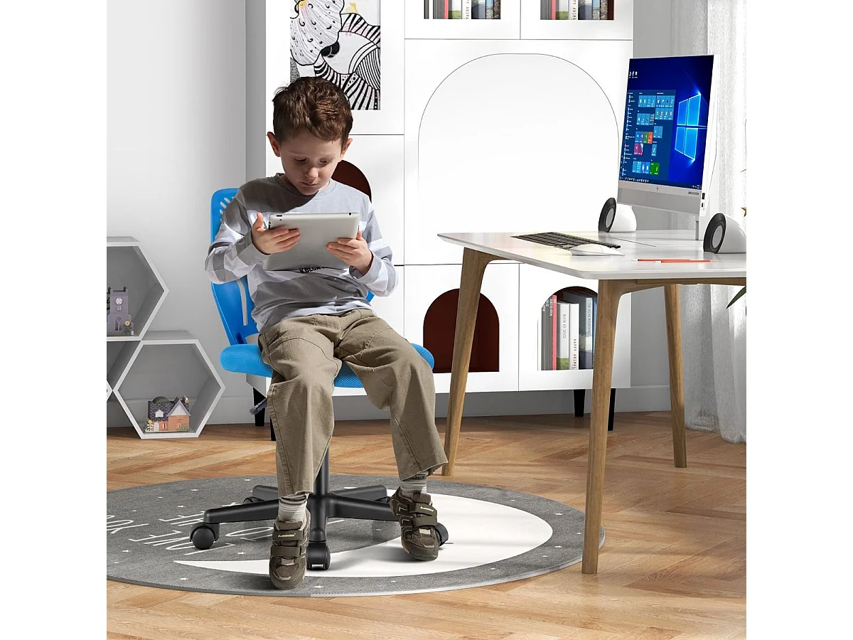 Chaise de Bureau Pivotante Enfants avec Hauteur Réglable 77-89cm, Siège à roulettes avec Dossier Ergonomique & Base à 5 Étoiles, Charge 150kg (Bleu)
