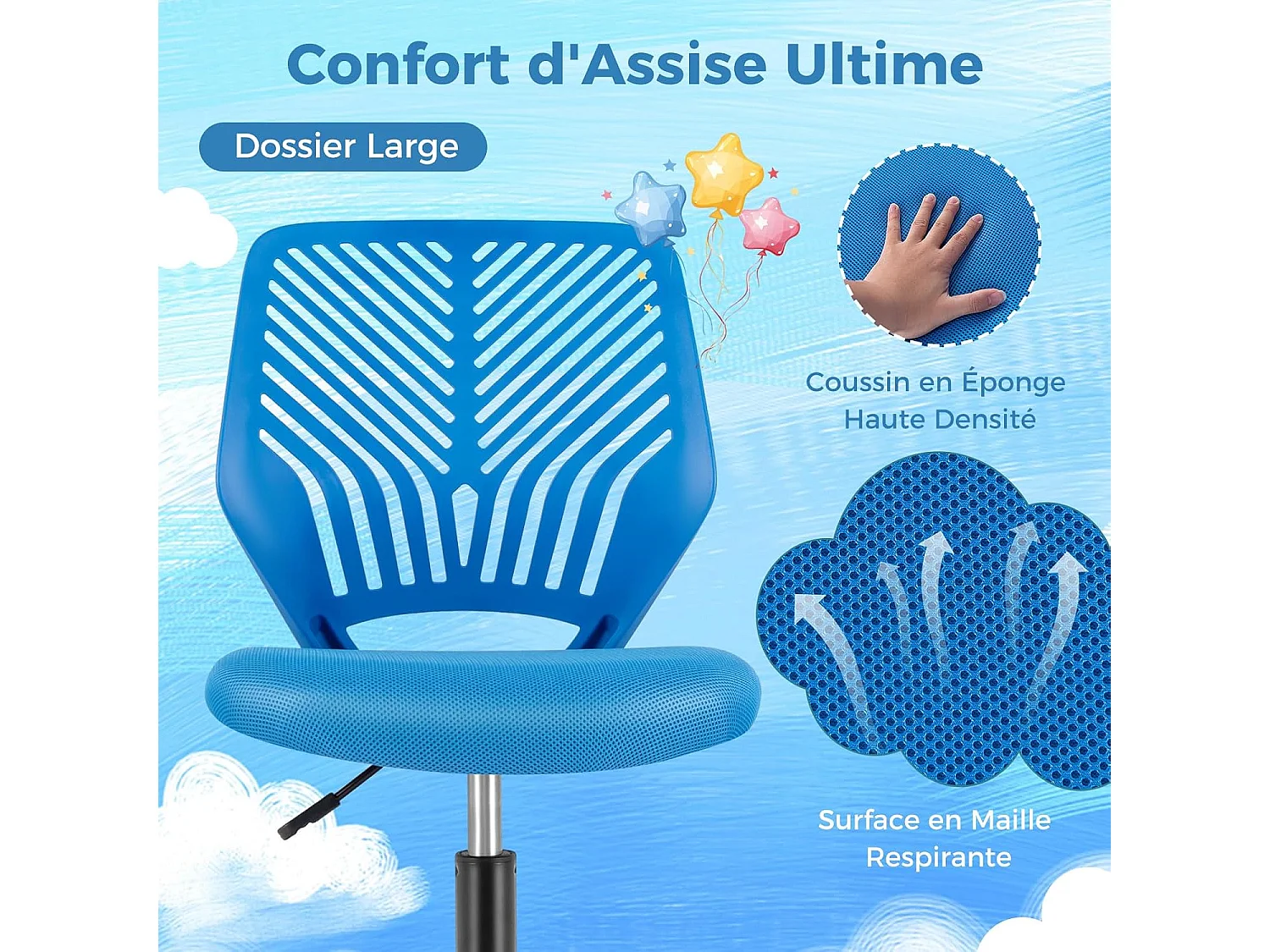 Chaise de Bureau Pivotante Enfants avec Hauteur Réglable 77-89cm, Siège à roulettes avec Dossier Ergonomique & Base à 5 Étoiles, Charge 150kg (Bleu)