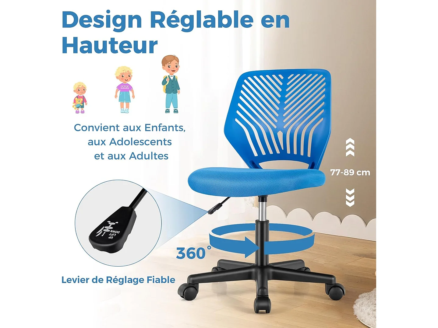 Chaise de Bureau Pivotante Enfants avec Hauteur Réglable 77-89cm, Siège à roulettes avec Dossier Ergonomique & Base à 5 Étoiles, Charge 150kg (Bleu)