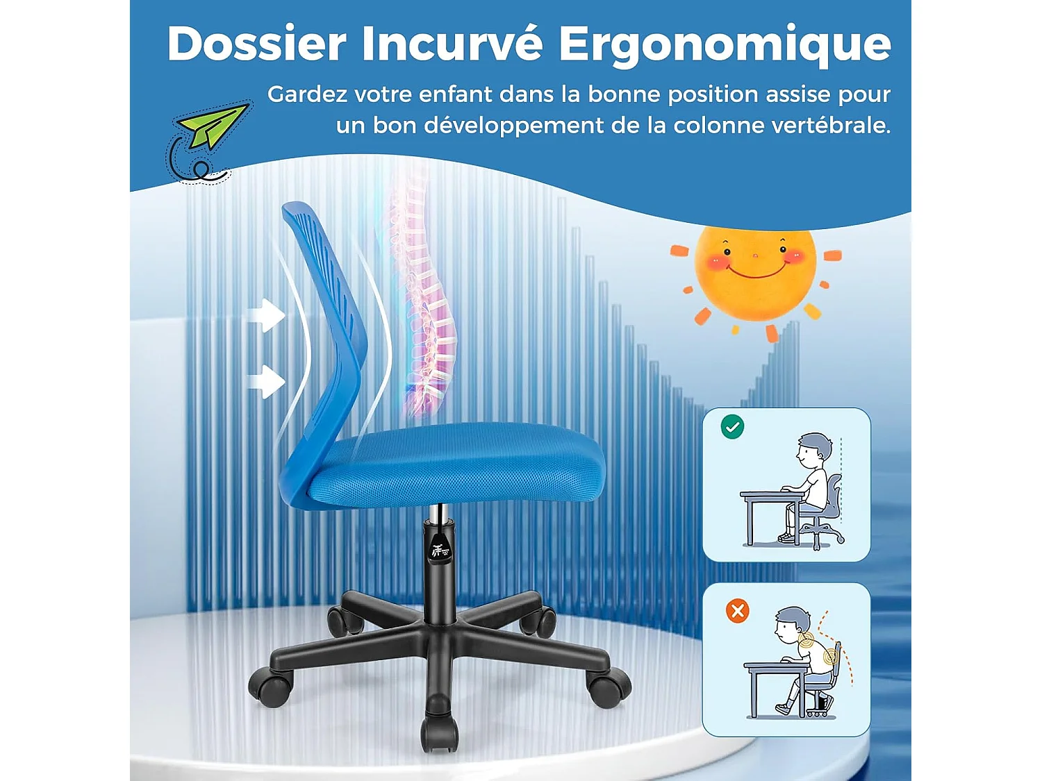Chaise de Bureau Pivotante Enfants avec Hauteur Réglable 77-89cm, Siège à roulettes avec Dossier Ergonomique & Base à 5 Étoiles, Charge 150kg (Bleu)