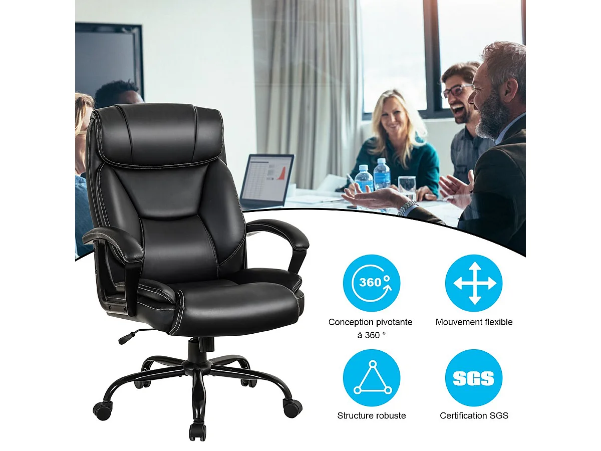 Chaise de Bureau Pivotante, Fauteuil de Bureau Ergonomique Réglable, Ultra Souple en Similicuir Hauteur Réglable Base Robuste Charge 220kg Noir
