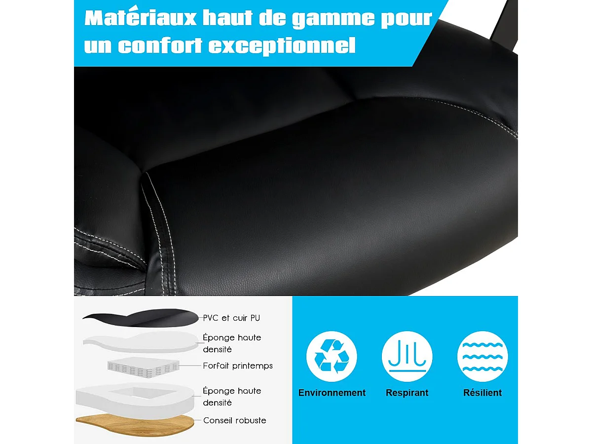 Chaise de Bureau Pivotante, Fauteuil de Bureau Ergonomique Réglable, Ultra Souple en Similicuir Hauteur Réglable Base Robuste Charge 220kg Noir