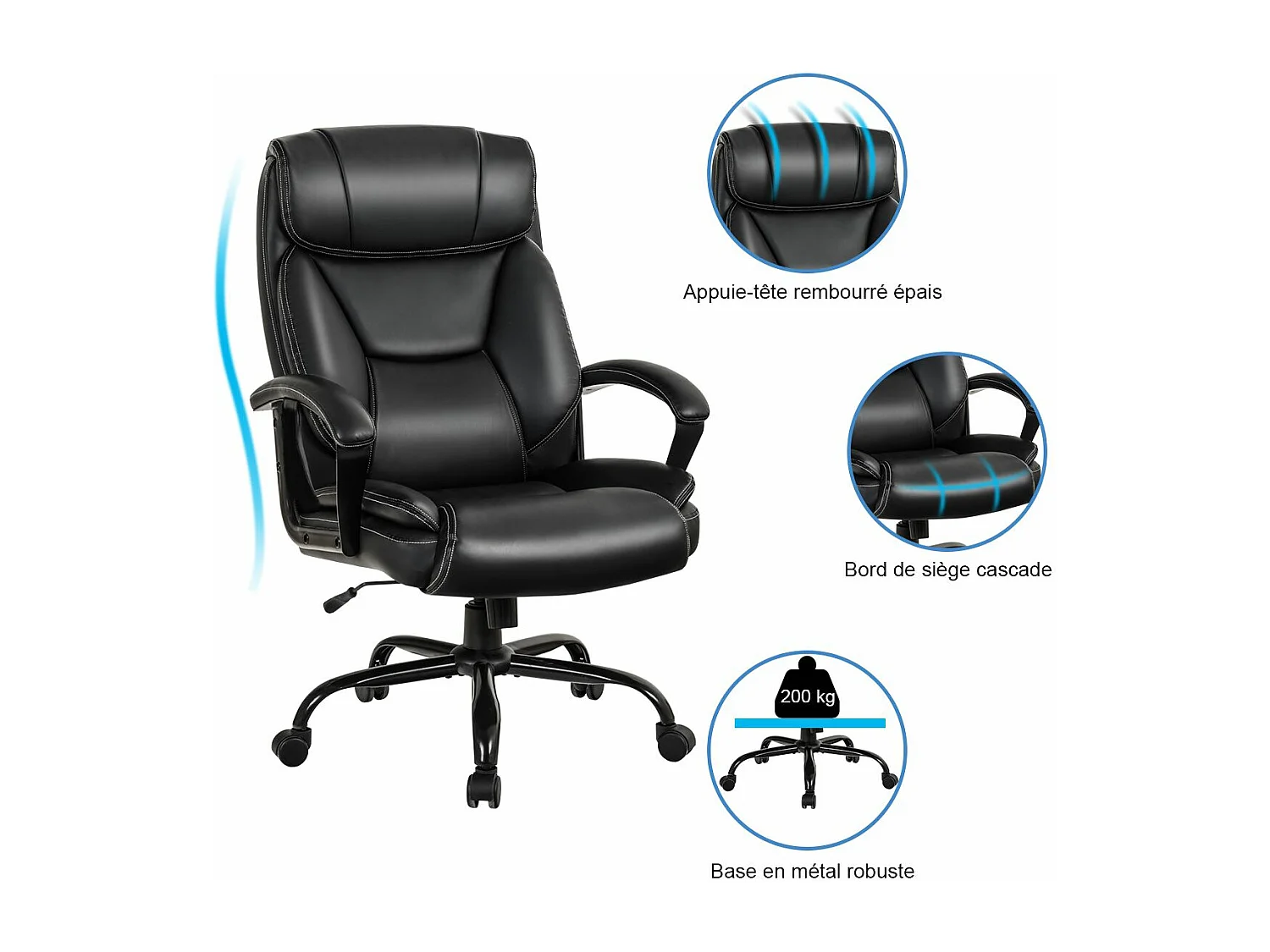 Chaise de Bureau Pivotante, Fauteuil de Bureau Ergonomique Réglable, Ultra Souple en Similicuir Hauteur Réglable Base Robuste Charge 220kg Noir