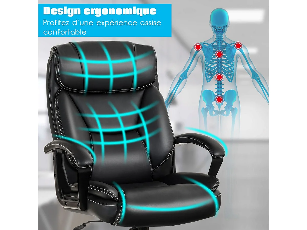 Chaise de Bureau Pivotante, Fauteuil de Bureau Ergonomique Réglable, Ultra Souple en Similicuir Hauteur Réglable Base Robuste Charge 220kg Noir