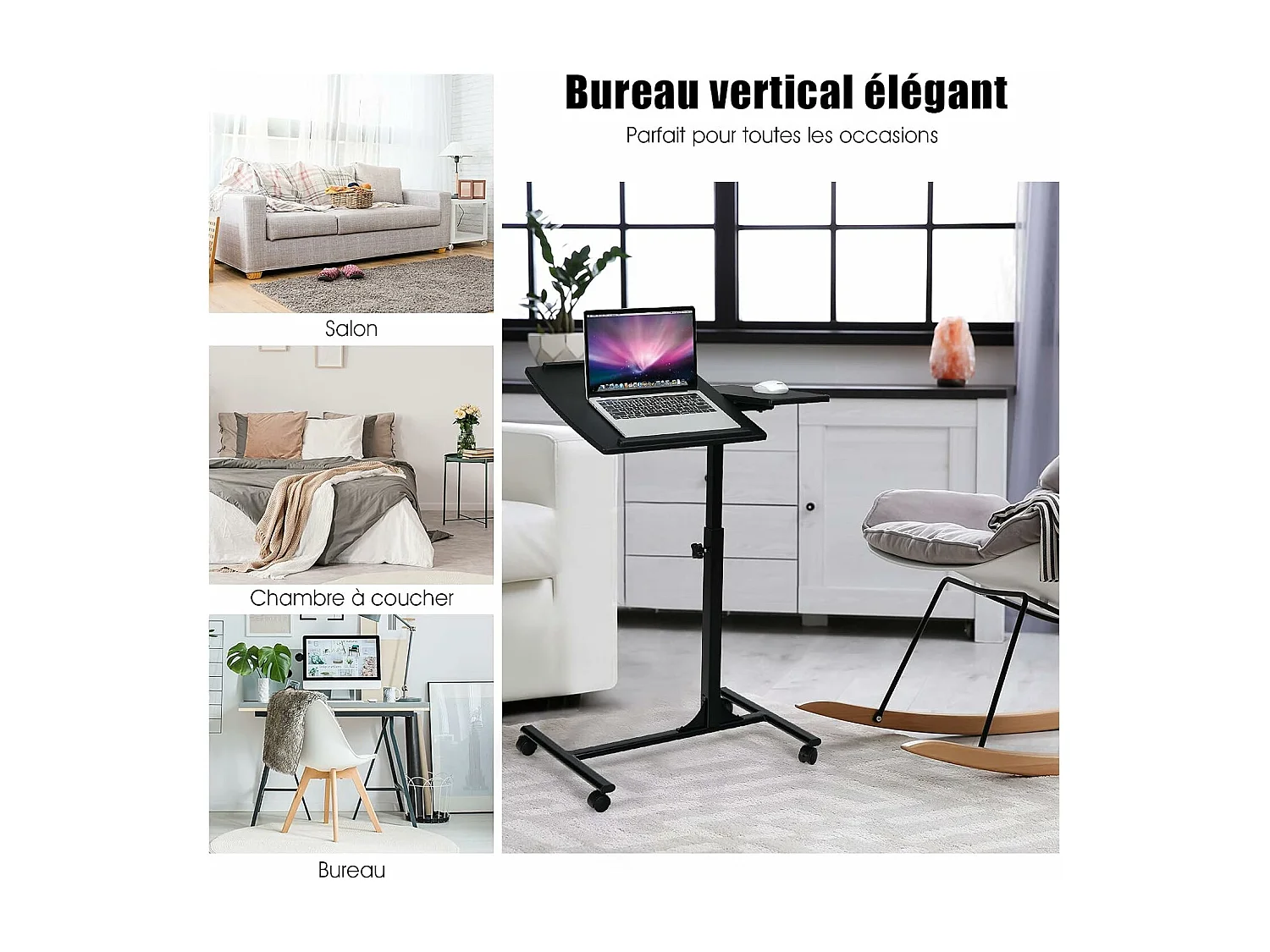 Table d’Ordinateur à roulettes Portable en MDF+Fer Hauteur Réglable 71-93 cm avec 4 roulettes (Noir)