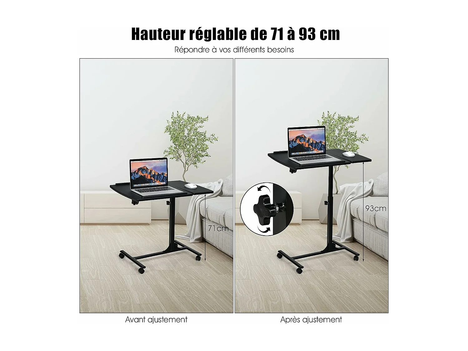 Table d’Ordinateur à roulettes Portable en MDF+Fer Hauteur Réglable 71-93 cm avec 4 roulettes (Noir)