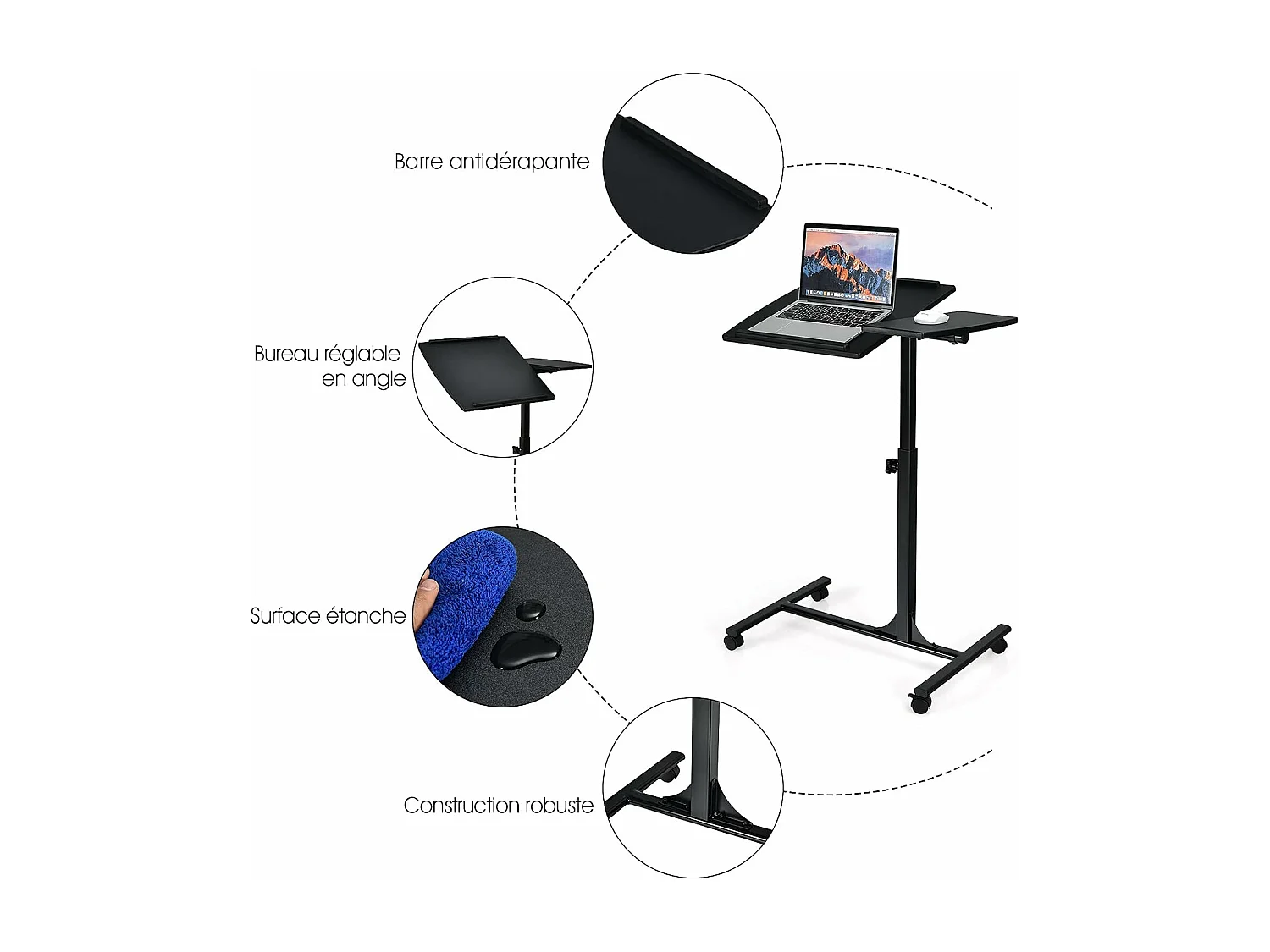 Table d’Ordinateur à roulettes Portable en MDF+Fer Hauteur Réglable 71-93 cm avec 4 roulettes (Noir)