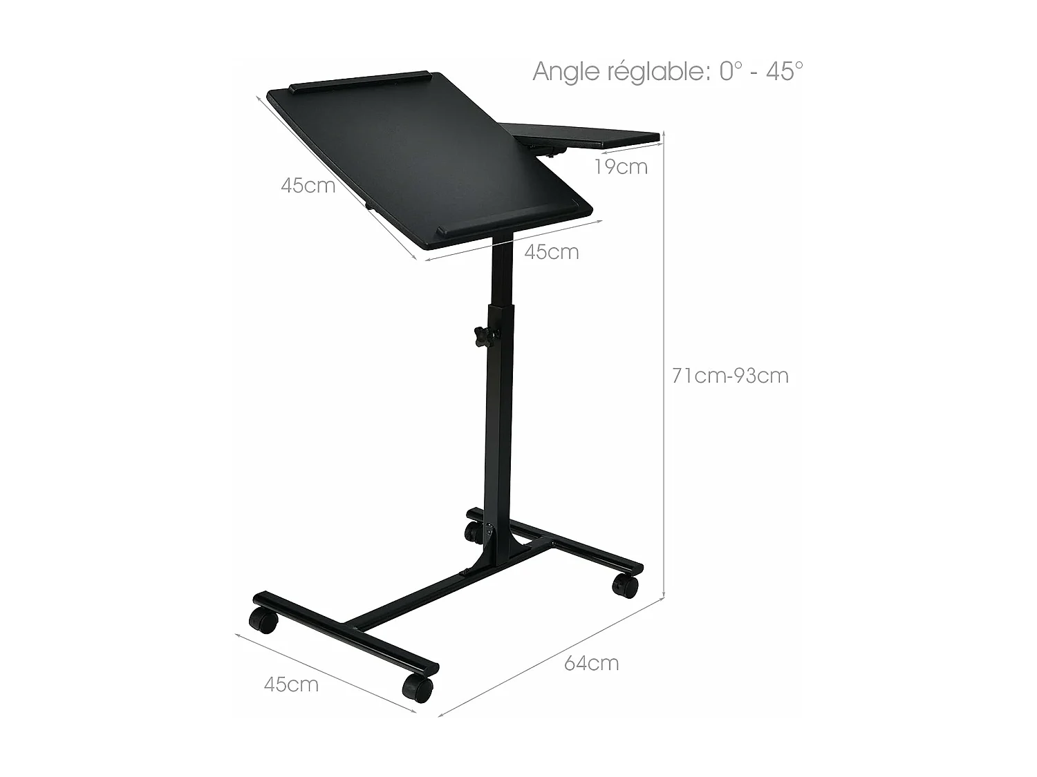 Table d’Ordinateur à roulettes Portable en MDF+Fer Hauteur Réglable 71-93 cm avec 4 roulettes (Noir)