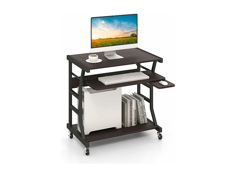 Bureau d'Ordinateur à roulettes, Bureau Informatique Mobile avec Plateau Clavier Extractible,75 x 50 x 75 cm, Étagère de Rangement Inférieure, Marron Foncé
