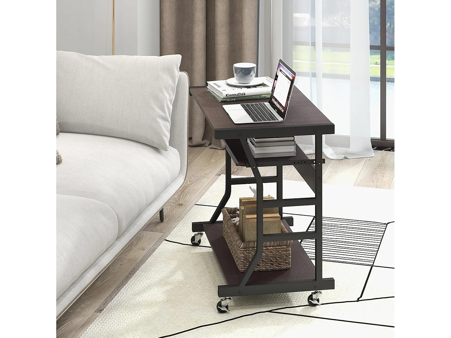 Bureau d'Ordinateur à roulettes, Bureau Informatique Mobile avec Plateau Clavier Extractible,75 x 50 x 75 cm, Étagère de Rangement Inférieure, Marron Foncé