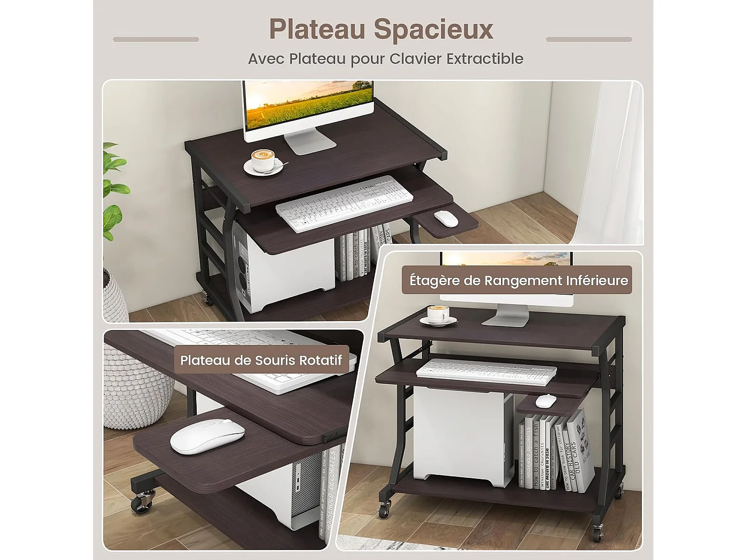 Bureau d'Ordinateur à roulettes, Bureau Informatique Mobile avec Plateau Clavier Extractible,75 x 50 x 75 cm, Étagère de Rangement Inférieure, Marron Foncé