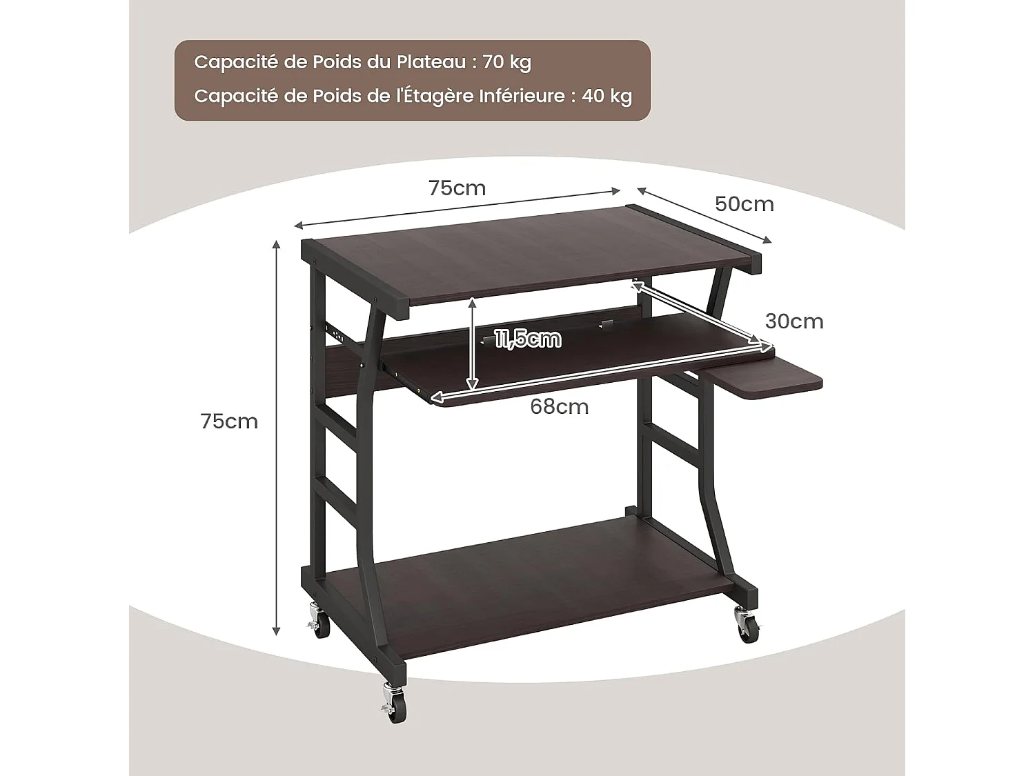 Bureau d'Ordinateur à roulettes, Bureau Informatique Mobile avec Plateau Clavier Extractible,75 x 50 x 75 cm, Étagère de Rangement Inférieure, Marron Foncé