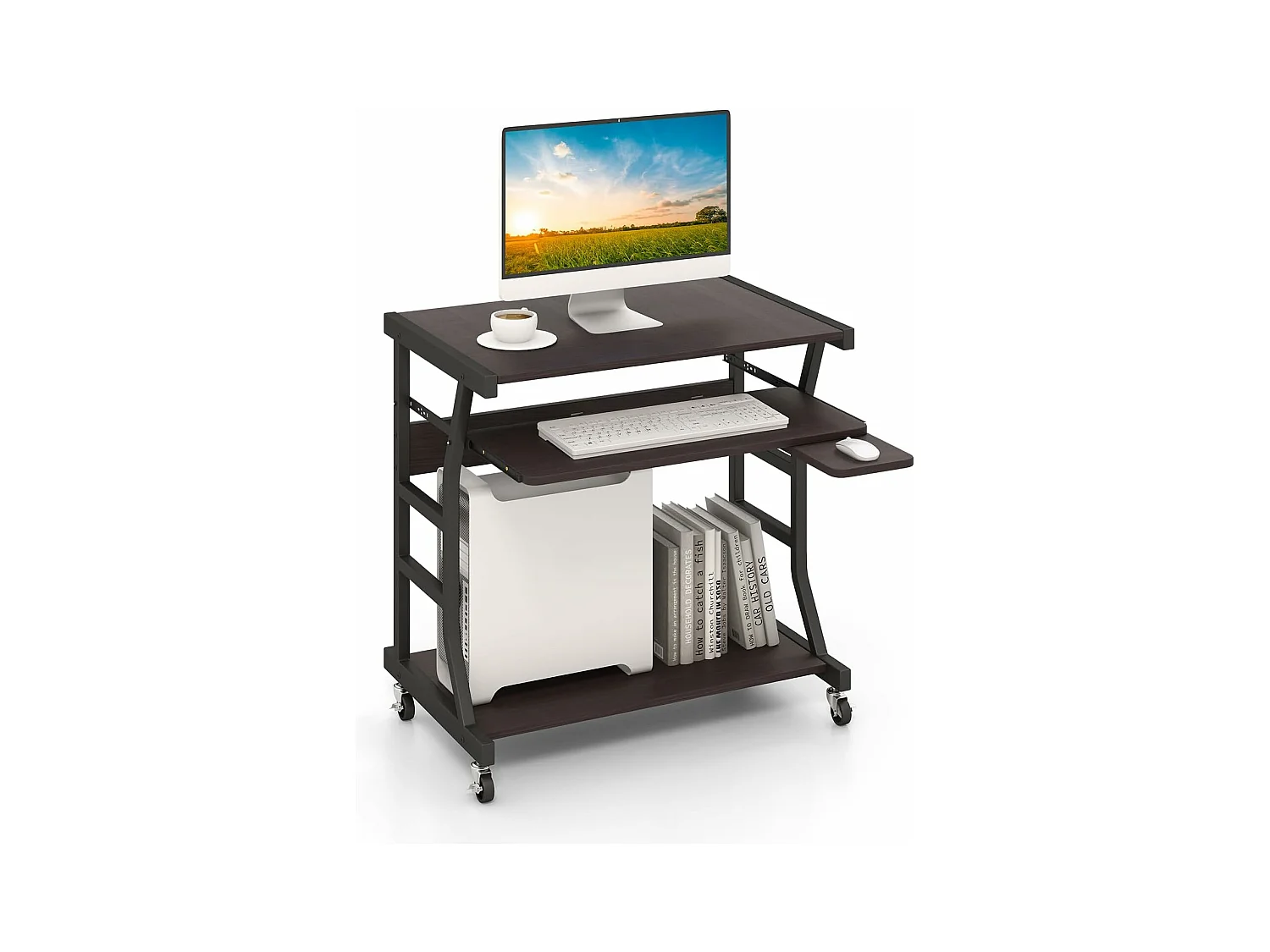 Bureau d'Ordinateur à roulettes, Bureau Informatique Mobile avec Plateau Clavier Extractible,75 x 50 x 75 cm, Étagère de Rangement Inférieure, Marron Foncé