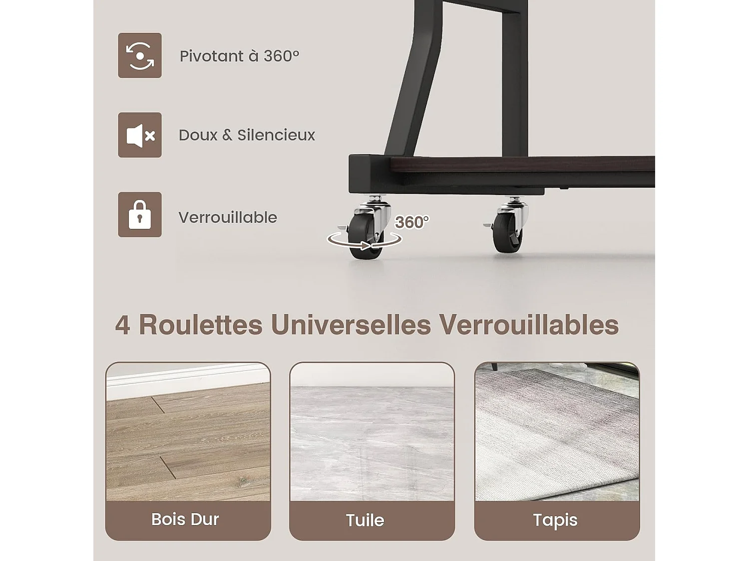 Bureau d'Ordinateur à roulettes, Bureau Informatique Mobile avec Plateau Clavier Extractible,75 x 50 x 75 cm, Étagère de Rangement Inférieure, Marron Foncé