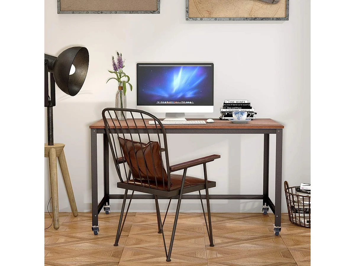 Bureau Informatique à Roulette avec Cadre en Acier Bureau à Domicile 120x60x75CM (Brun)