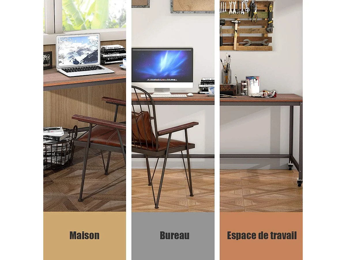 Bureau Informatique à Roulette avec Cadre en Acier Bureau à Domicile 120x60x75CM (Brun)