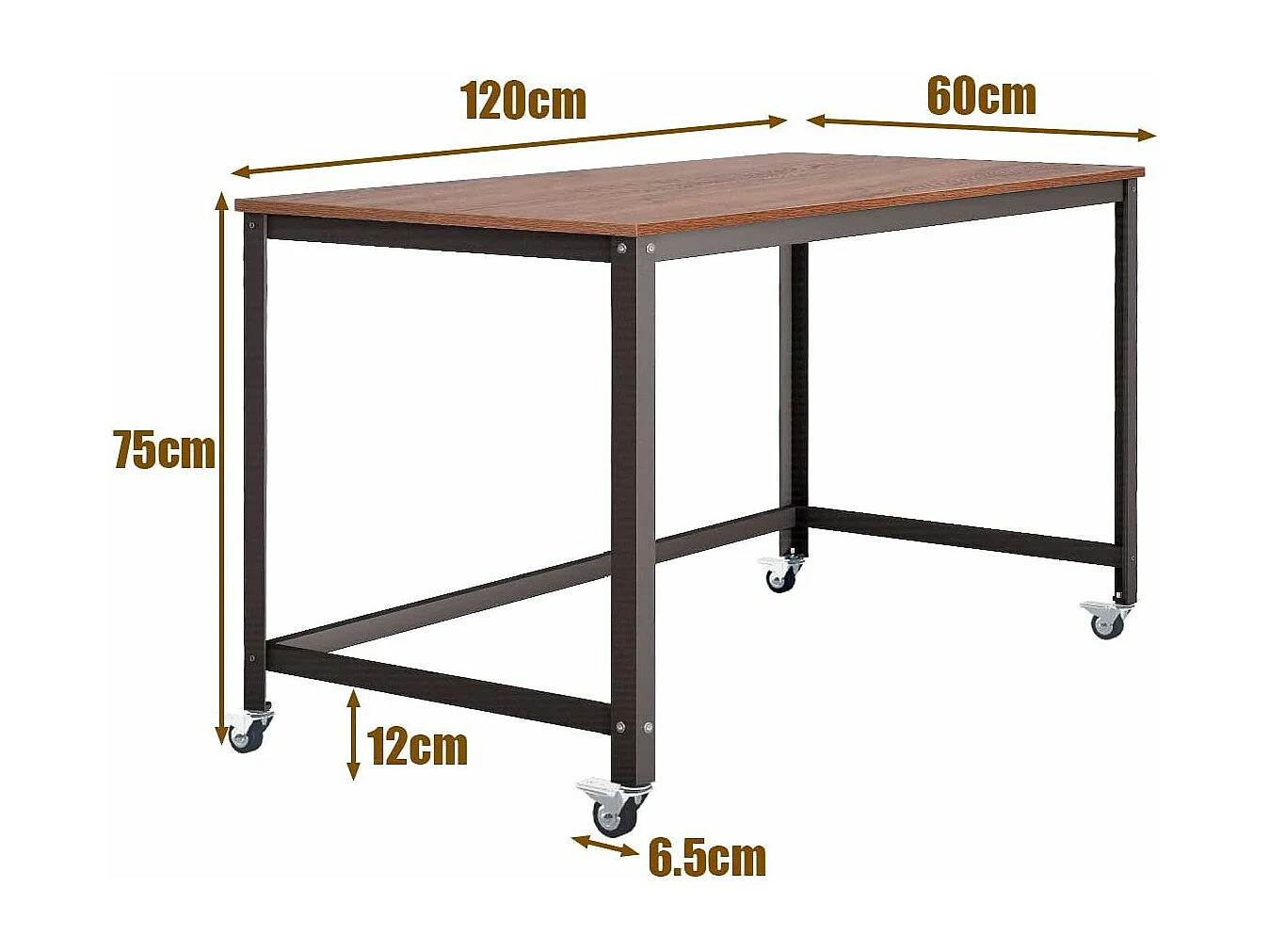 Bureau Informatique à Roulette avec Cadre en Acier Bureau à Domicile 120x60x75CM (Brun)
