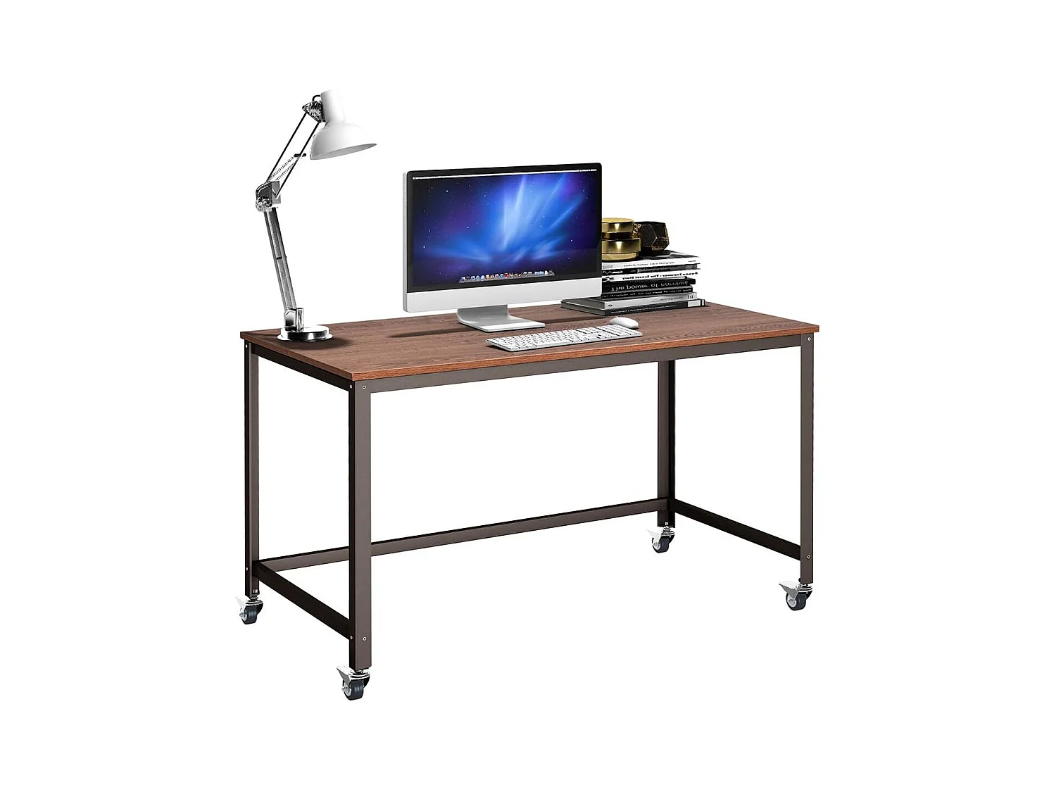 Bureau Informatique à Roulette avec Cadre en Acier Bureau à Domicile 120x60x75CM (Brun)