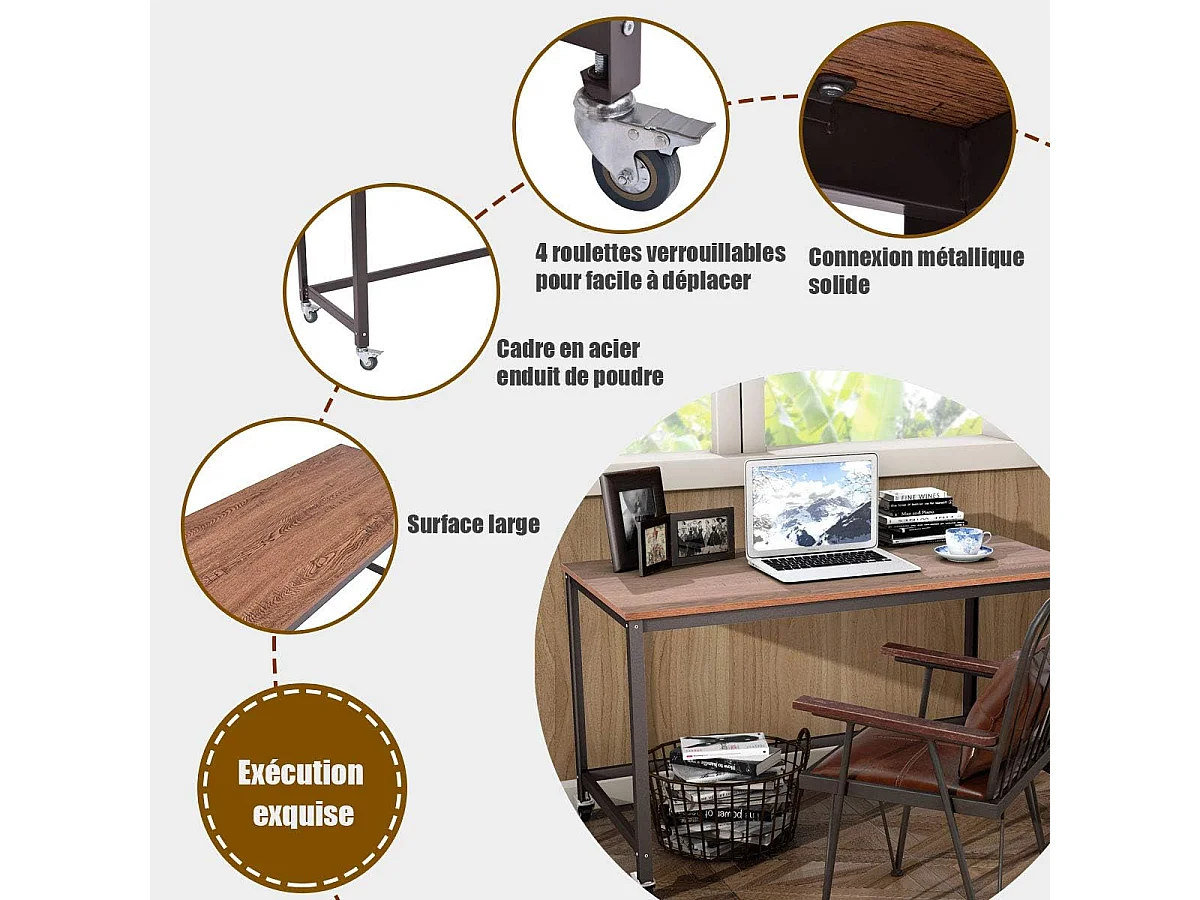 Bureau Informatique à Roulette avec Cadre en Acier Bureau à Domicile 120x60x75CM (Brun)