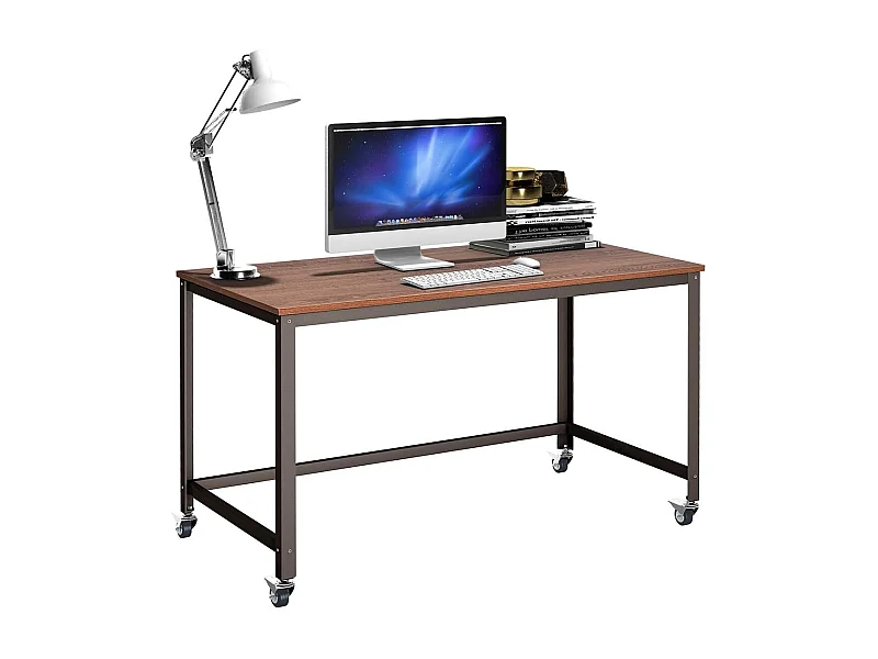 Bureau Informatique à Roulette avec Cadre en Acier Bureau à Domicile 120x60x75CM (Brun)