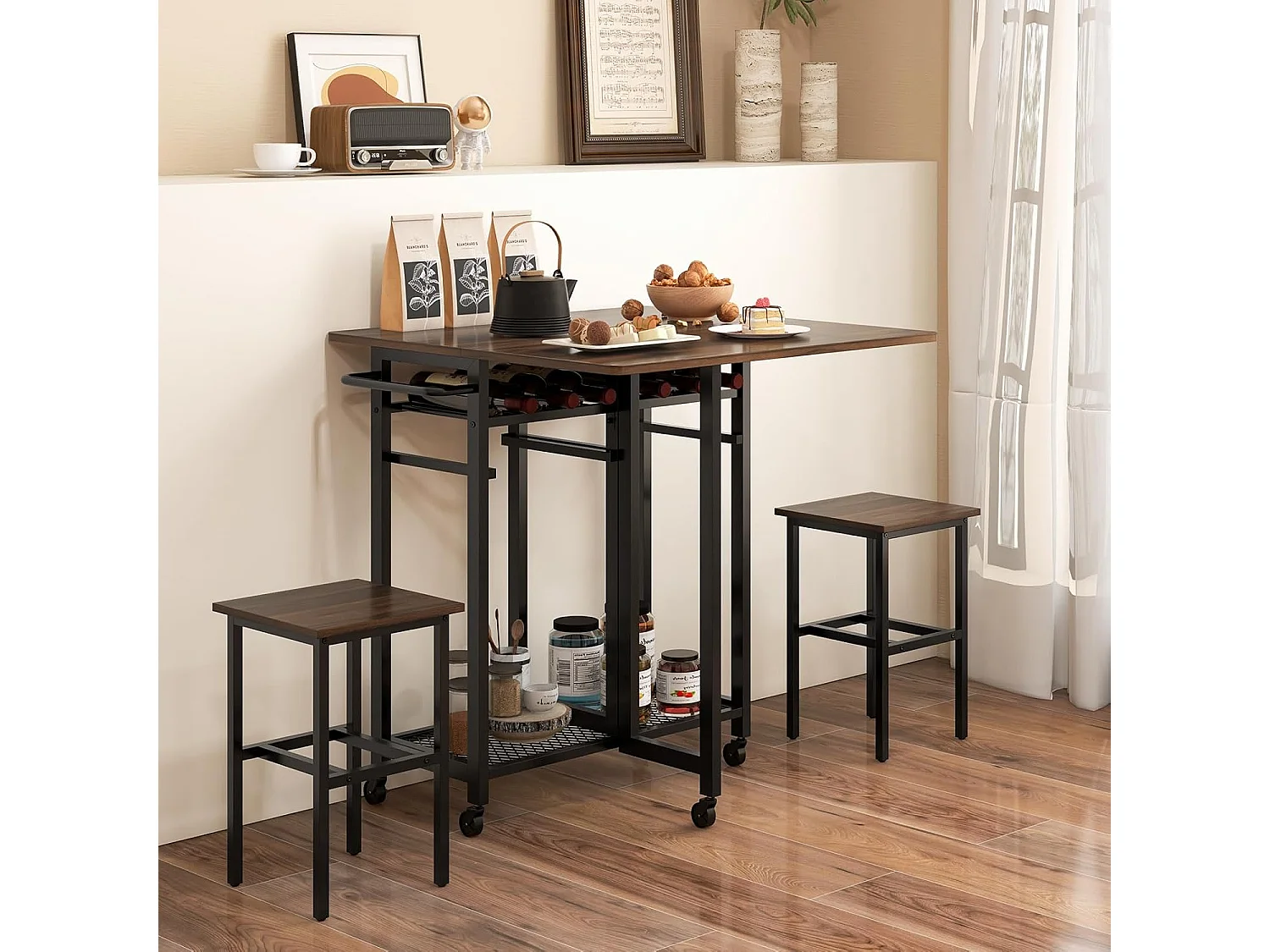 Opvouwbare keukentafel met wielen, 39-74 cm, 2 planken (bruin)