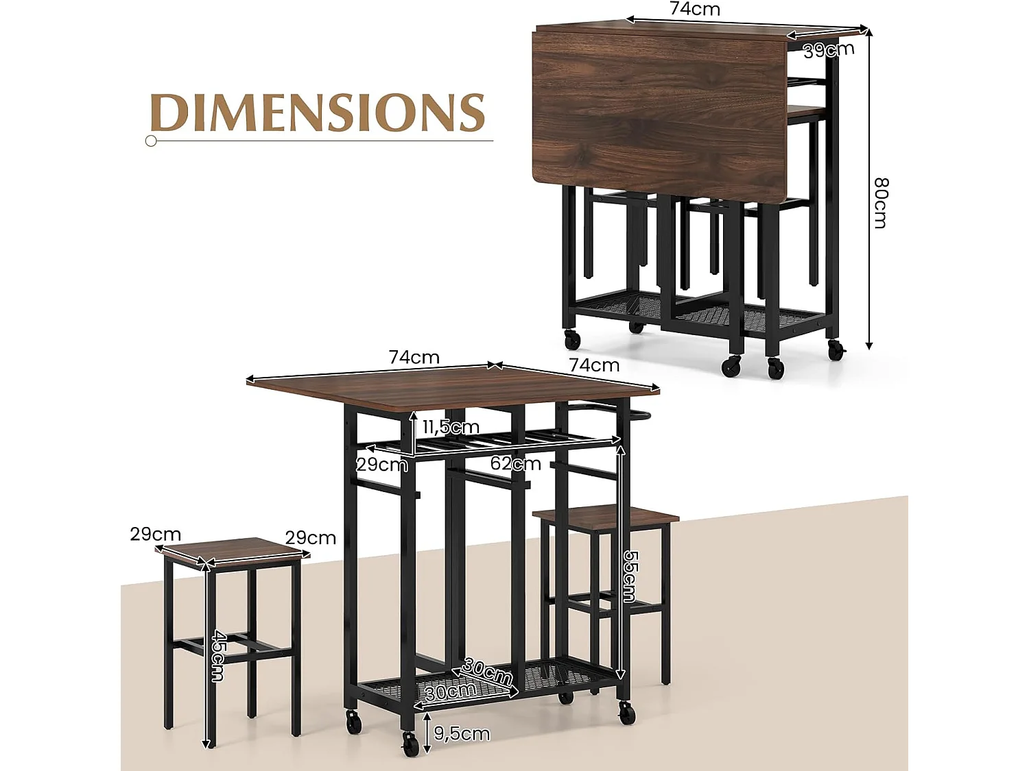 Opvouwbare keukentafel met wielen, 39-74 cm, 2 planken (bruin)