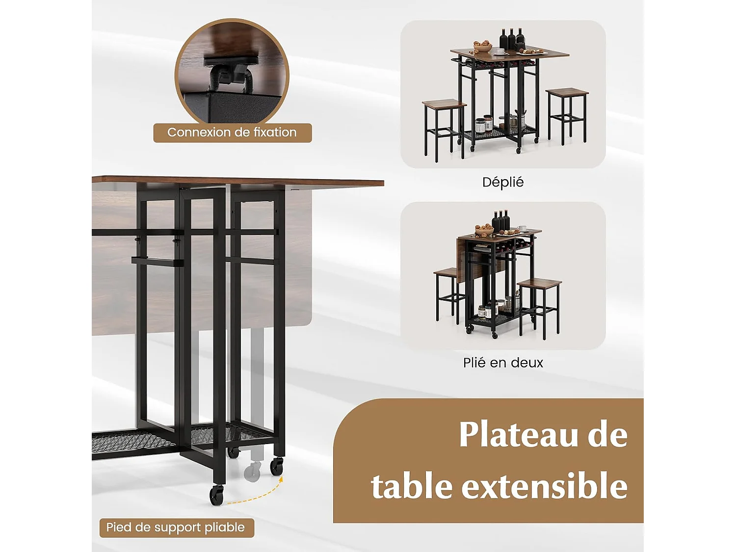 Opvouwbare keukentafel met wielen, 39-74 cm, 2 planken (bruin)