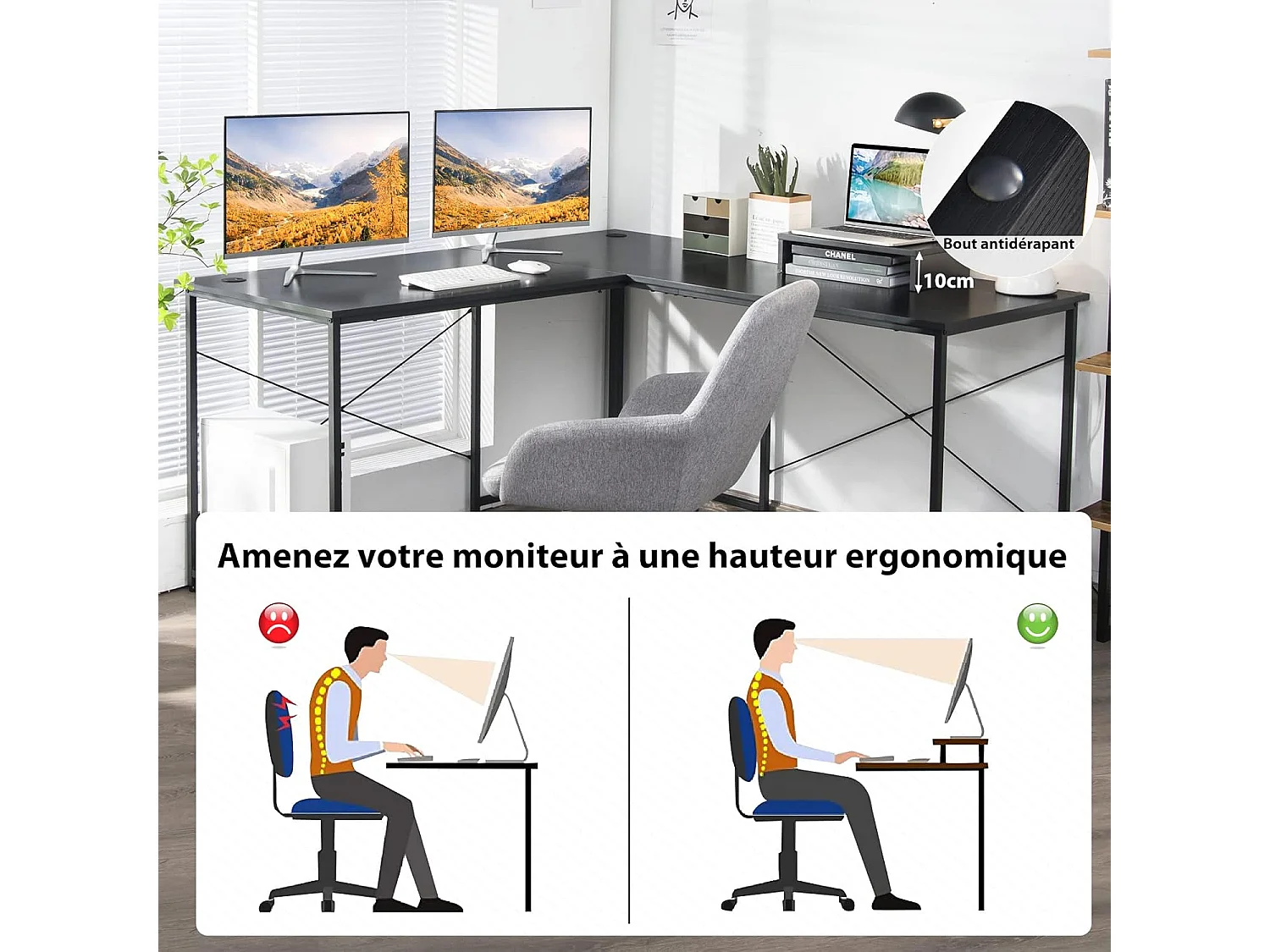 Bureau d'angle en L Réversible avec Support de Moniteur/Poste de Travail Industriel pour 2 Personnes avec 3 Trous de Câble-Assemblage Facile-150 x 150 x 74 CM, Noir