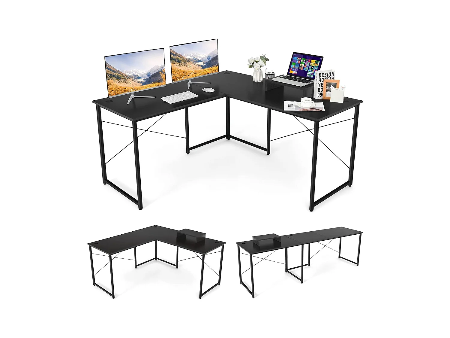 Bureau d'angle en L Réversible avec Support de Moniteur/Poste de Travail Industriel pour 2 Personnes avec 3 Trous de Câble-Assemblage Facile-150 x 150 x 74 CM, Noir